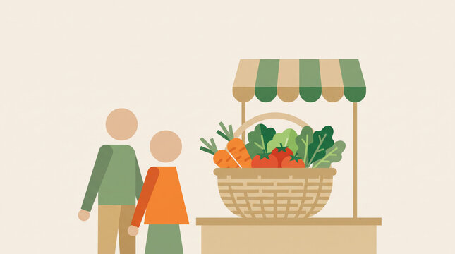 Shoppers Beside Woven Basket of Fresh Vegetables at Market Stall