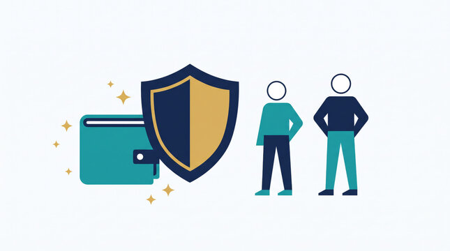 Digital Wallet Behind Gold Shield with Two Figures Illustration