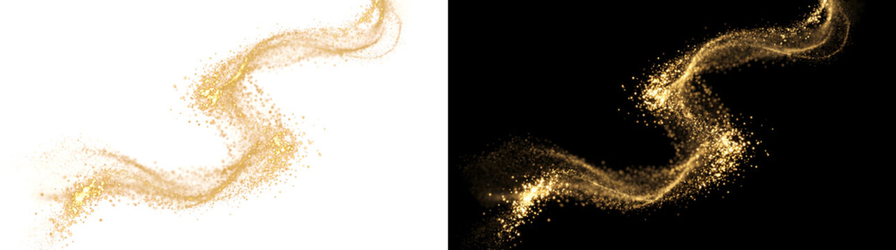 Golden glitter dust swirls in a flowing magical trail of sparkling particles in PNG, Transparent and Black Background Versions for luxury design