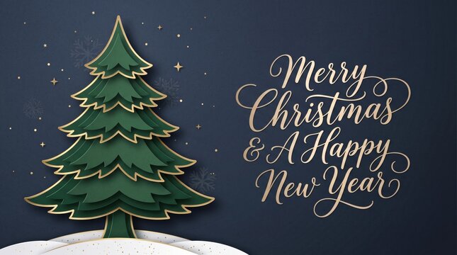 Elegant Merry Christmas and Happy New Year banner with line art Christmas tree on dark background   