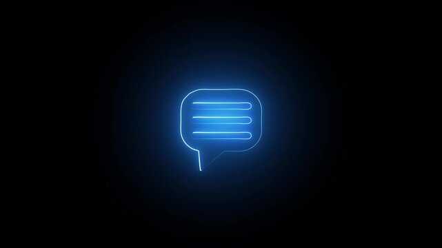Glowing blue neon speech bubble comment icon pulsing on a dark black background.Ideal for social media feedback overlays, messaging