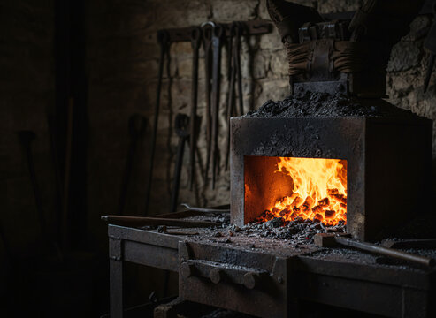A coal forge fire glowing orange, surfaces showing honest wear and use, moody low-key light with a single highlight