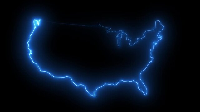 Glowing blue neon light outline map of the United States on a solid black background.Ideal for US geography presentations, election coverage graphics