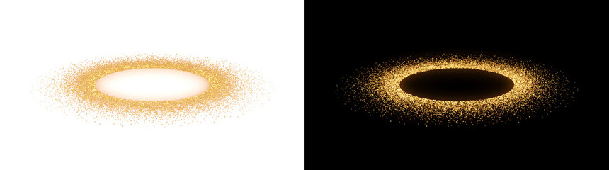 Golden particles form a glowing elliptical ring frame with a bright center in PNG, Transparent and Black Background Versions for portal design © Rubel
