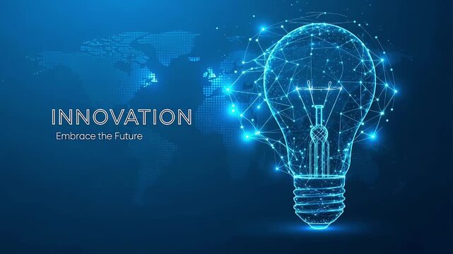 Futuristic digital lightbulb showing innovation.
