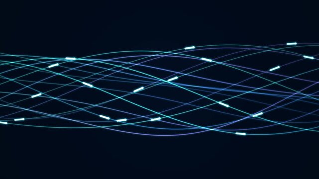 Wavy glowing lines composed of small dots and dashes in cyan and purple, flowing on a dark background, digital data stream, technology and network concept