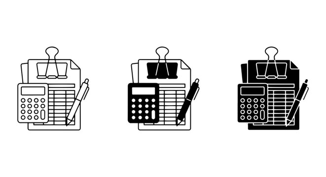 Accounting Icons: Calculator, Spreadsheet, Pen, Binder Clip, Vector Set