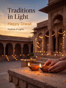 Diwali Hands placing lit clay oil lamps on a stone ledge in front of an illuminated historic building at sunset