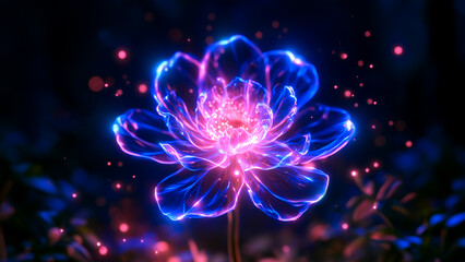 Fototapeta premium Mystical Bloom of Light: A surreal, bioluminescent flower pulsates with vibrant neon blues and pinks against a dark, magical background, exuding an ethereal glow.