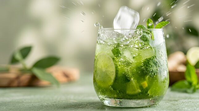 Refreshing Lime and Mint Infused Mojito Cocktail with Crushed Ice and Vibrant Green Herbal Garnish for Summer Refreshment