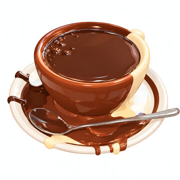 Overflowing delicious Italian hot chocolate a glossy ceramic cup onto a matching saucer with a silver spoon on a clean white background. doodle art vector illustration