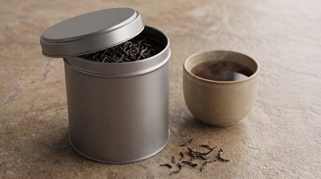 Silver Metal Tea Tin Can Mockup Loose Leaf Tea and Ceramic Cup