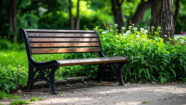 Empty Wooden Park Bench on Path Surrounded by Lush Greenery in Public Garden