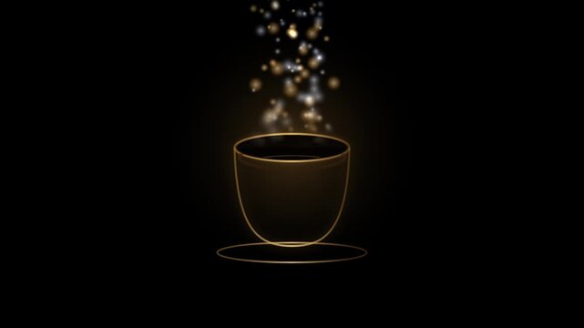 Glowing golden coffee cup outline with floating particles