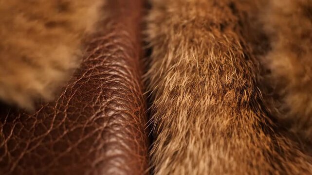 Close-up of luxurious brown leather and soft fur textures