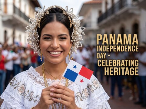 Smiling woman wearing traditional panamanian pollera dress and ornate pearl headpiece holding a small flag of panama during a festive street celebration in a historic colonial town setting