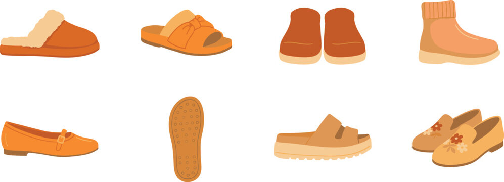 Cozy Home Slippers and Comfortable Indoor Footwear Icon Set with Warm Shoes, Sandals, and Moccasins for Domestic Fashion Vector Design