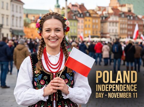 Smiling woman wearing traditional polish folk costume with floral wreath and red beads holding a small white and red polish flag in a crowded city square during a public holiday celebration