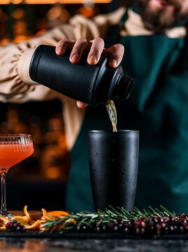 Bartender pouring mixed drink from black cocktail shaker