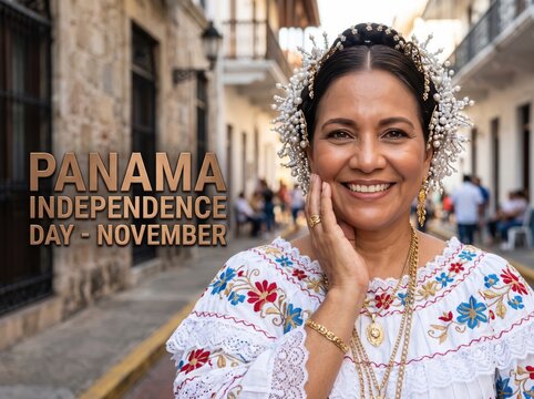 Smiling woman wearing traditional panamanian pollera dress and ornate pearl headpiece with gold jewelry in a colonial street setting for panama independence day celebration