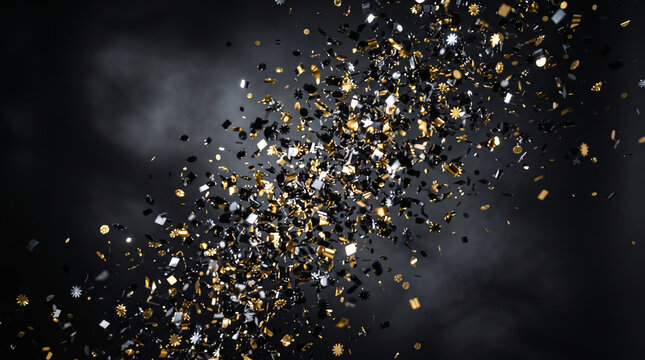 Abstract explosion of black, gold and silver particles on a dark smoky background, luxury celebration texture with dynamic motion and copy space.