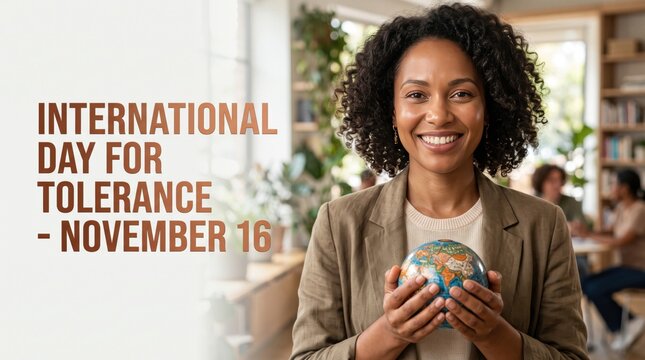 Smiling woman with curly hair holding a small colorful globe in a blurred office setting with text international day for tolerance november 16 on the left side