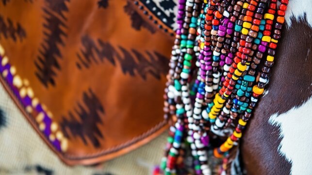 armband. Colorful beaded jewelry and traditional shield on textured background, top-down view. event programs, museum guides, designed for cultural heritage projects and event programs.