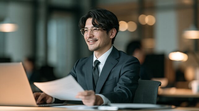 オフィスでパソコンを使いデスクワークに取り組む若手新入社員の仕事風景