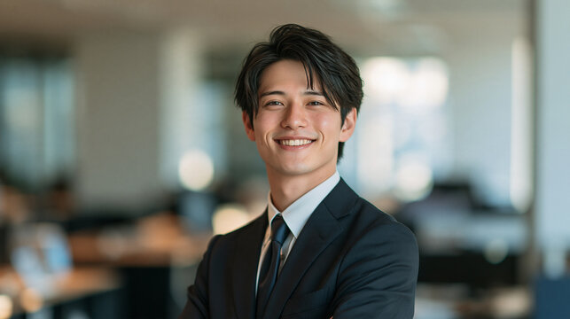 オフィスで明るい笑顔を見せる若手新入社員の爽やかな職業イメージ