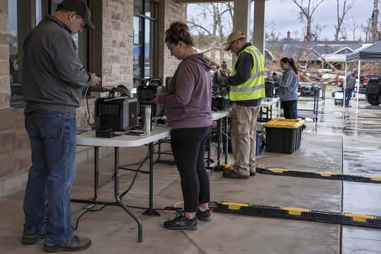 Adults using community charging station during power outage