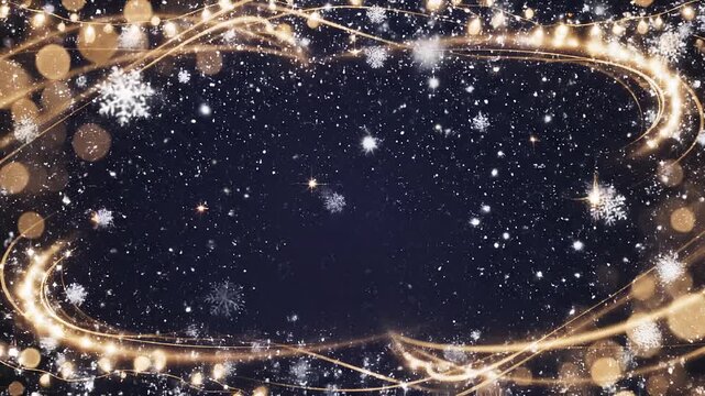 キラキラと輝くゴールドの光の軌跡と雪の結晶が舞うクリスマスのエレガントな背景動画