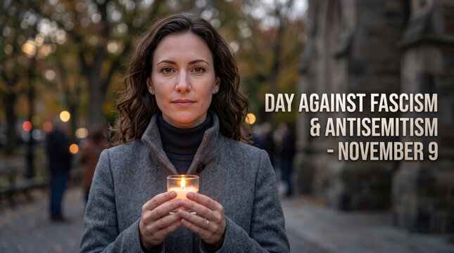 Woman with brown hair wearing a grey wool coat holding a small glowing candle in her hands outdoors near a stone building with blurred trees and text overlay about november 9 remembrance