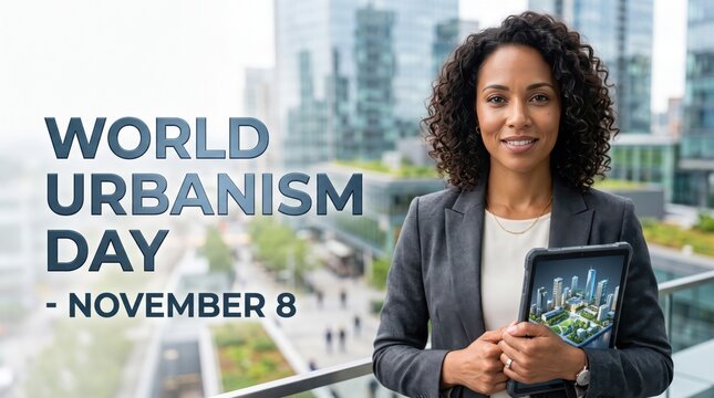 Woman with curly hair wearing a grey blazer holding a digital tablet with a city model on screen standing in front of a blurred urban skyline with text overlay for urbanism day november 8