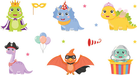 Cute Baby Dinosaur Costume Party Character Set with King Pirate Astronaut Princess and Superhero Outfits Flat Vector Illustration for Kids Birthday Designs © Md. Al-Amin