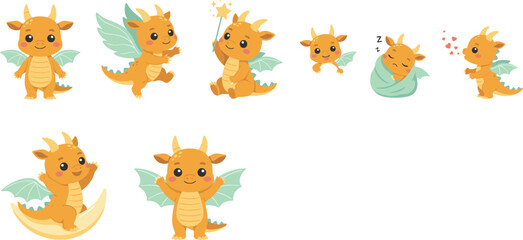 Obraz premium Cute Baby Dragon Character Set with Mythical Orange Monster Mascot in Various Poses for Kids Fantasy Books, Patterns, and Nursery Vector Designs