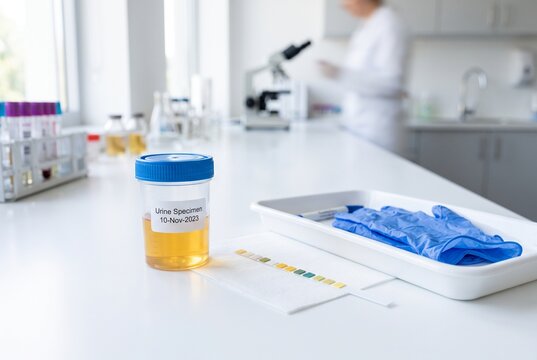 Premium photorealistic commercial stock photography of a sterile urine specimen container and diagnostic test strip on a clean white laboratory surface