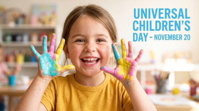 Young girl smiling with hands covered in colorful paint in a classroom setting for universal childrens day on november 20 with blue text overlay