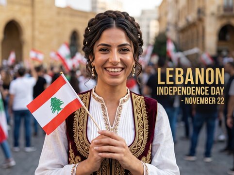 Young woman wearing traditional lebanese clothing holding a small lebanese flag during a public independence day celebration in a city square with blurred crowds in the background