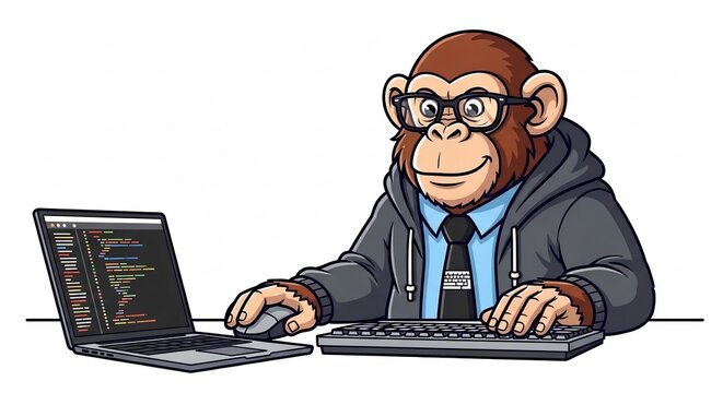 Coding Monkey: A cartoon monkey wearing glasses and a hoodie sits at a desk, typing on a keyboard and using a computer mouse, with lines of code displayed on the laptop screen.