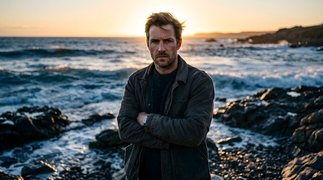 Man with a Serious Expression Standing on a Rugged Coastline at Sunset