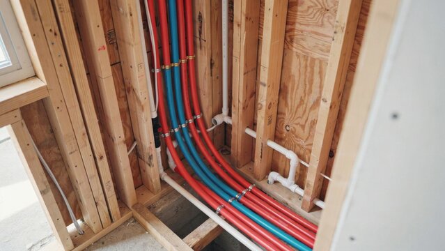 Red and blue PEX pipes installed inside wooden wall frame during construction   