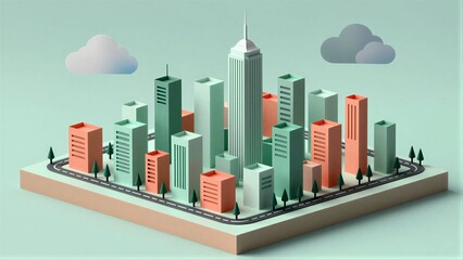 Fototapeta premium Paper-cut cityscape with colorful buildings, trees, and clouds on a book-like base.