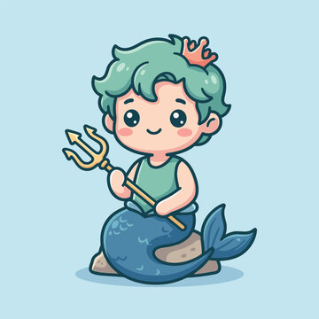 Cute chibi merman boy holding trident, sitting with teal fish tail