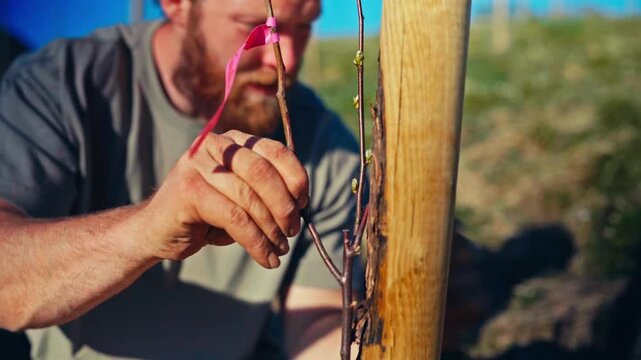 Man Performs Fruit Plant Grafting Outdoors On A Sunny Day, Carefully Joining Plant Tissue For Propagation And Healthy Growth. Close-up Shot