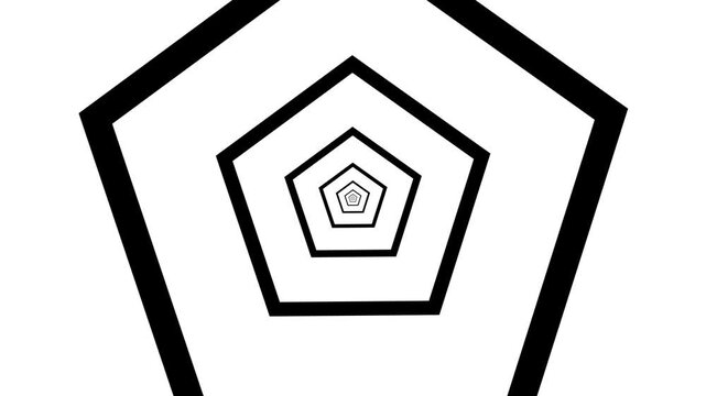 Mesmerizing black and white pentagon tunnel abstract background featuring endless concentric pentagonal shapes zooming inward into a hypnotic optical illusion vortex creating a continuous deep .