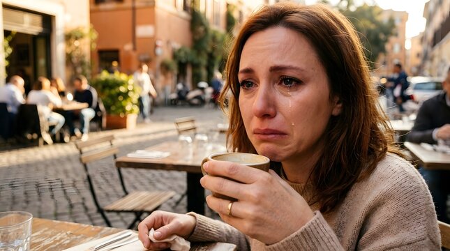 Woman Crying Alone with Coffee at Outdoor Cafe During Golden Hour
