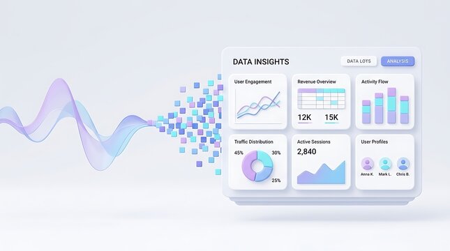 Data Insights Dashboard Interface Panel with Sound Waves Transforming into Floating 3D Cubes and Analytics Charts
