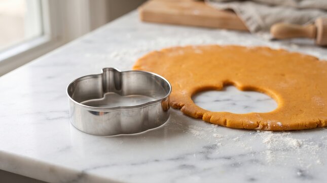 Metal pumpkin cookie cutter on a marble surface with rolled out dough for autumn holiday baking