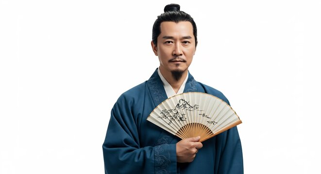 A Confident Gentleman of Antiquity: A dignified man in traditional ancient attire, holding an ornate fan adorned with mountain art, exudes an air of wisdom and calm composure.