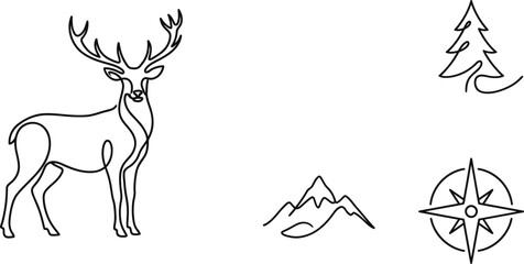 Obraz premium Minimalist single line drawing wildlife collection with abstract wilderness landscape symbols contour sketch graphics for masculine apparel and wall decor prints